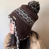 Fair Island Jacquard Knitted Hat Women's Fleece Thickened Autumn and Winter Retro Trendy Lace-Up Braid Warm Flight Hat