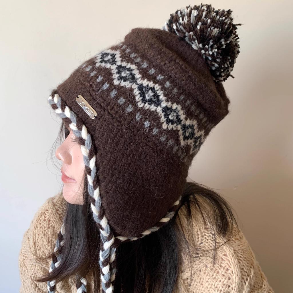 Fair Island Jacquard Knitted Hat Women's Fleece Thickened Autumn and Winter Retro Trendy Lace-Up Braid Warm Flight Hat