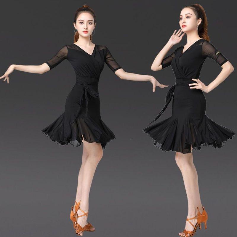 Vestido de Práctica Latino de Baile de Salón Delgado de Manga Corta para Mujer