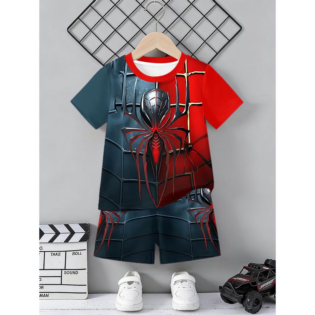 2-piece Boys' Short Sleeved Shorts Set, Casual and Fashionable Style, Fun Spider Pattern, Summer Outdoor Sports Outfit