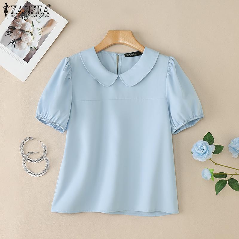 ZANZEA Women Casual Doll Collar Solid Color Short Sleeve Blouse