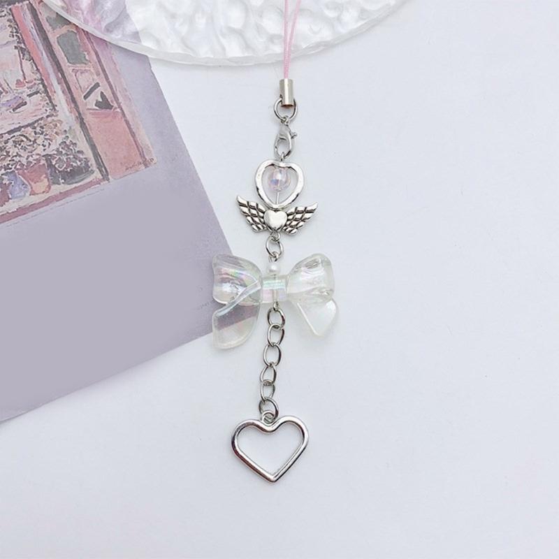 Bowknot Heart Pendant Cellphone Strap Phone Chain Detachable Beaded Phone Lanyard Handmade Keychains for Wallet Bag