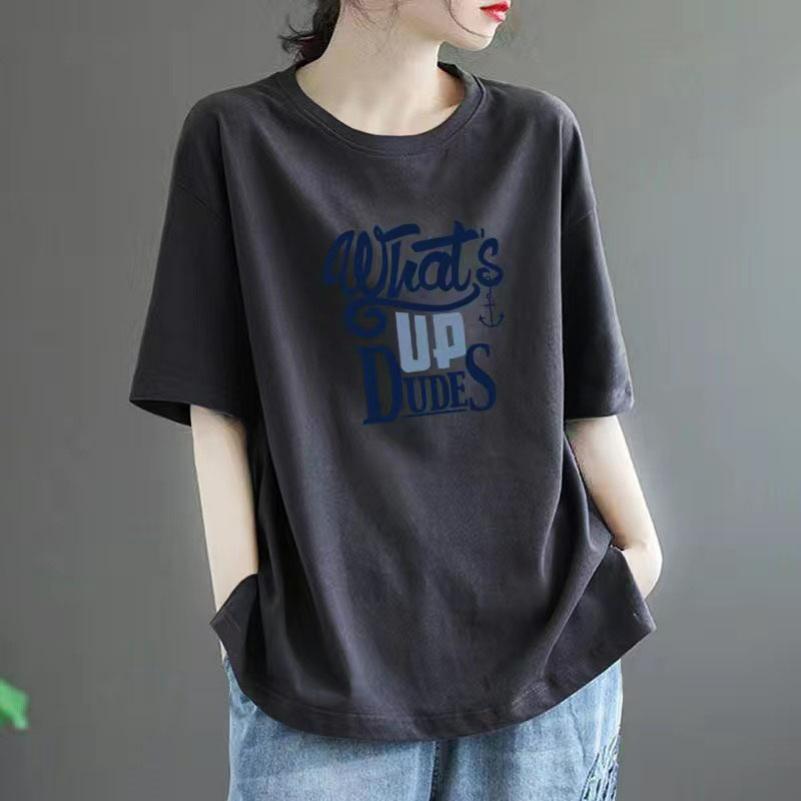 Cotton Short-sleeved T-shirt Women's Summer Loose Large Size All-match Western Casual Printed Top Trend