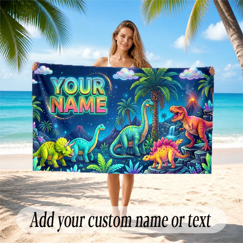 Dinosaur Theme Quick Dry Beach Towel Custom Name Text Print Large Sand Resistant Towel Beach Vacation