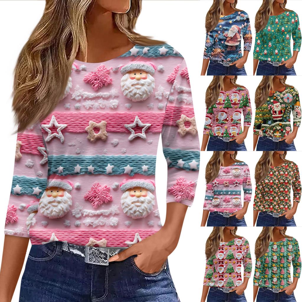 Women's Fashionable Casual Three Quarter Sleeve Christmas Printed Round Neck Top