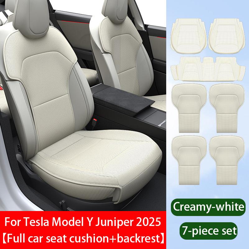 Car Seat Mats For Tesla Model Y L/ Y Juniper Breathable All Season Back Seat Pad Protector Covers Nappaleather Cushion Accessori Off white 7pcs