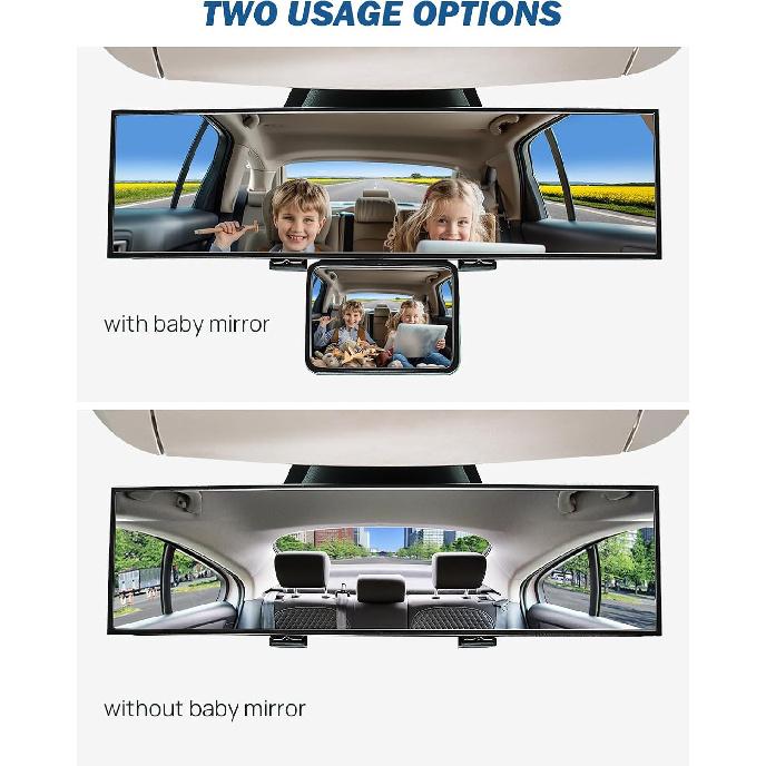 JOYTUTUS Car Rear View Mirror With Baby Mirror, Universal 11 Inch Panoramic Convex Rearview, Clip-On Wide Angle Rear View Reduce Blind Spot