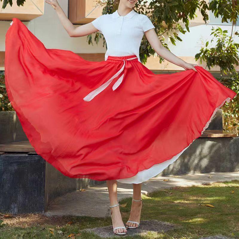 

Танцевальные юбки, шифоновые длинные юбки для женщин, элегантные повседневные пляжные макси-юбки с высокой талией в стиле бохо, носить с обеих сторон XL