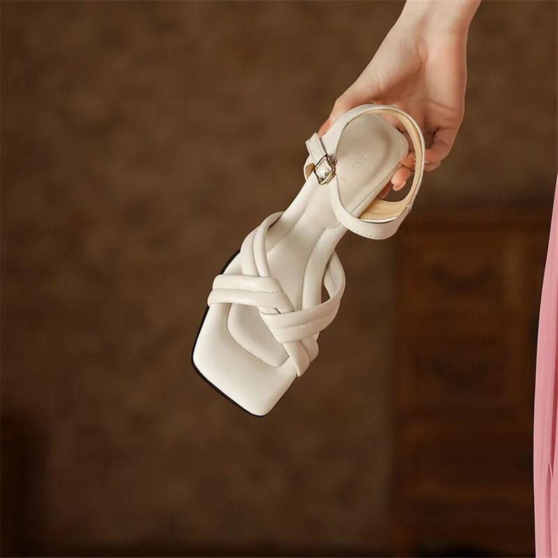 Fashion New Summer Sandals Women Shoes Square Toe Chunky Heel Sandal High Heels Sandals for Women Handmade Genuine Leather Sandals