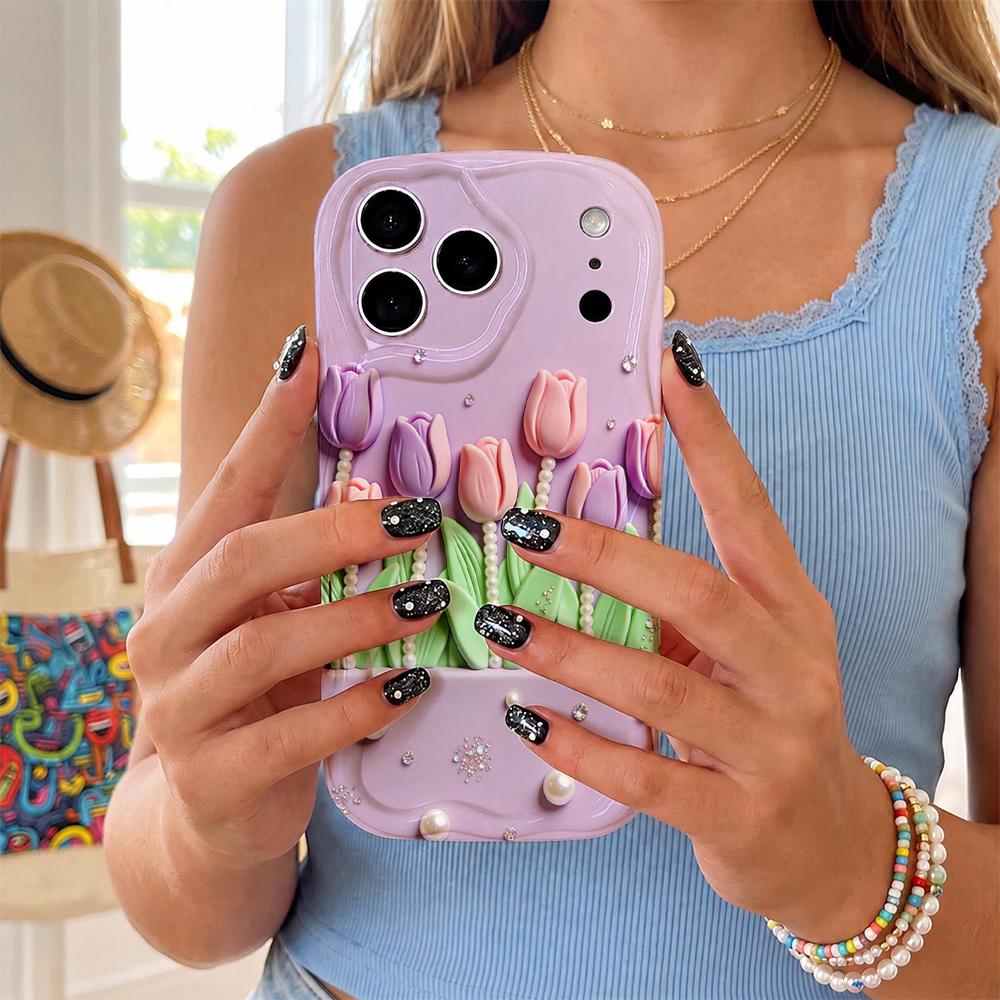 Tulip Pearl Light Lavender Phone Case For iPhone 17 16 15 14 13 12 11 Pro Max Plus Wavy Edge Protective Cover