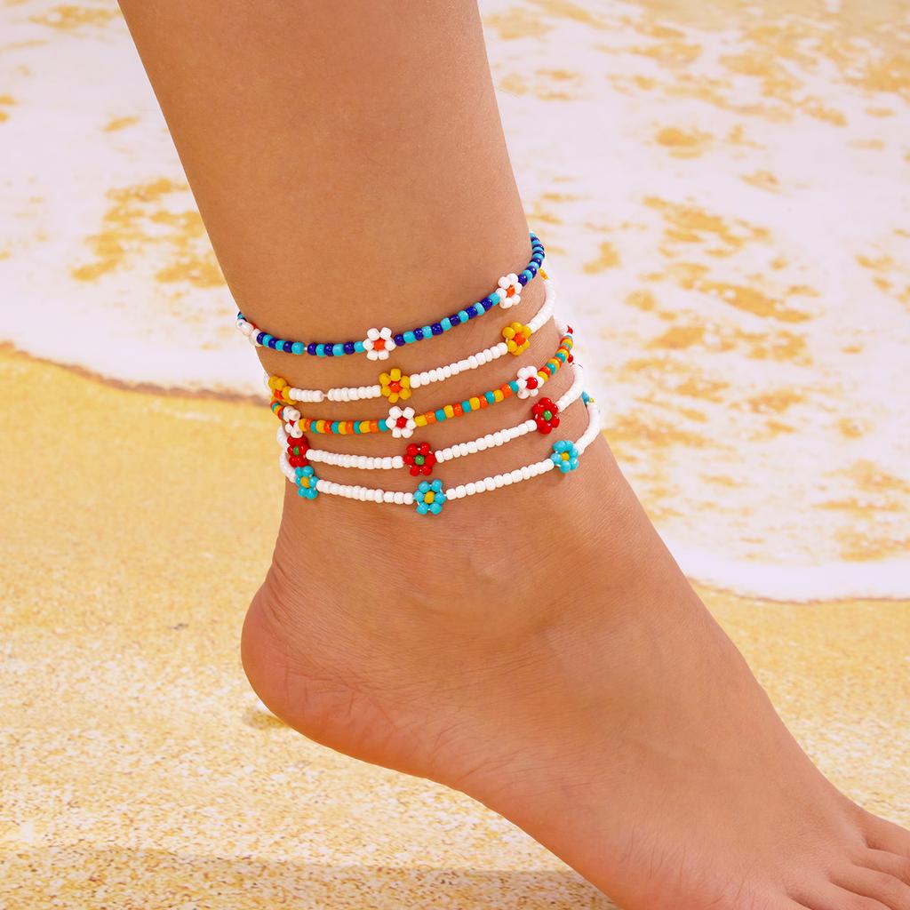 Bohemian Colorful Seed Bead Flowers Anklet for Women Ethnic Cute Flower Charm Ankle Bracelet On The Leg Beach Party Foot Jewelry