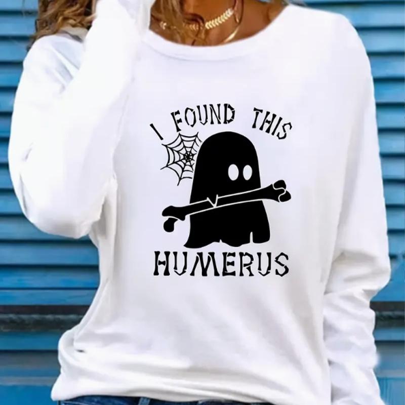 Tops For Women Ghost Hugging Bone Print Round Neck Long Sleeve T-shirt Fall Casual Slim Pullover Women's Long Sleeve Top