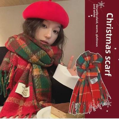 Novoroční Vánoční Červený Střapec Kostkovaný Šátek - Dámská Špičková Teplá Zimní Korejská Šála