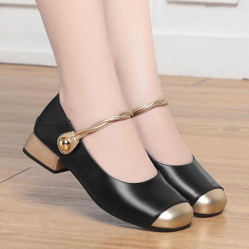 

Womens Beige Casual Shoes With Gold Toe Cap Low Block Heel Comfortable Ankle Strap Pumps For Office Walking And Daily Wear New 35