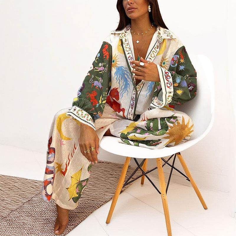 2026 New Spring Women's Clothing Cross-Border European and American Fashion Set Printed Shirt Wide-Leg Pants Set