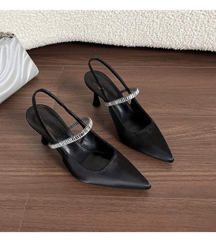 French elegant women's shoes pointed toe thin heel 2025 new summer word with rhinestone temperament women's bag head sandals women