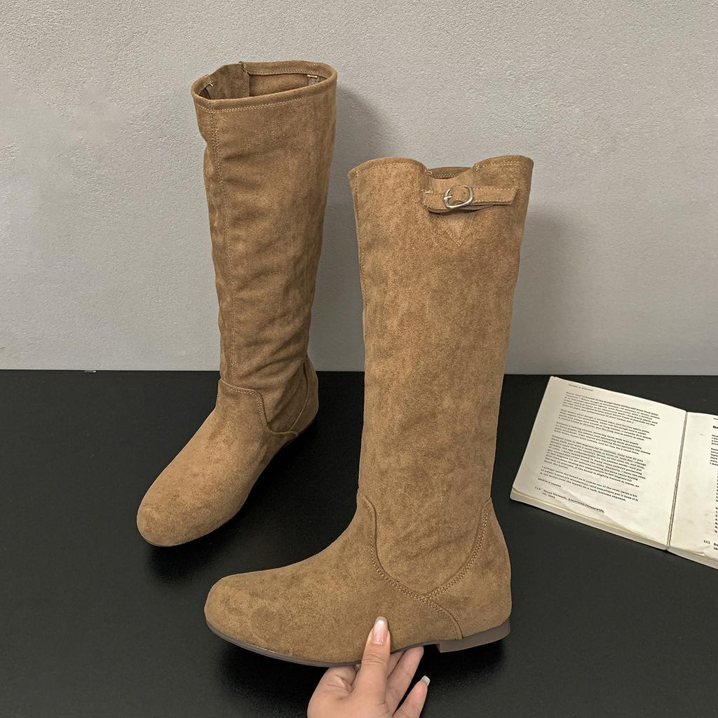Comemore Khaki Retro Women's Long Boots Autumn Suede Solid Flat Bottom Ladies Shoes Belt Buckle Round Toe Knee High Knight Botas