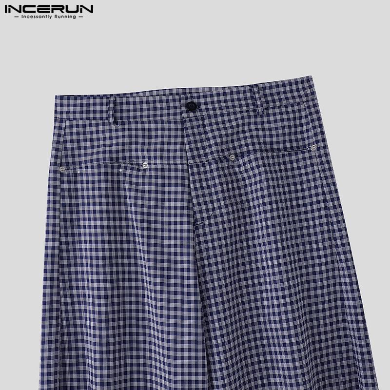 INCERUN Men Zip-up Waist Plaid Print Casual Long Straight Pants Bottoming