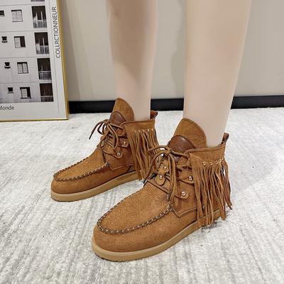 Boho Style Fringe Ankle Boots for Women Vintage Suede Buckle Ankle Boots for Women Plus Size 43 Front Lace-up Flat Fringe Boots