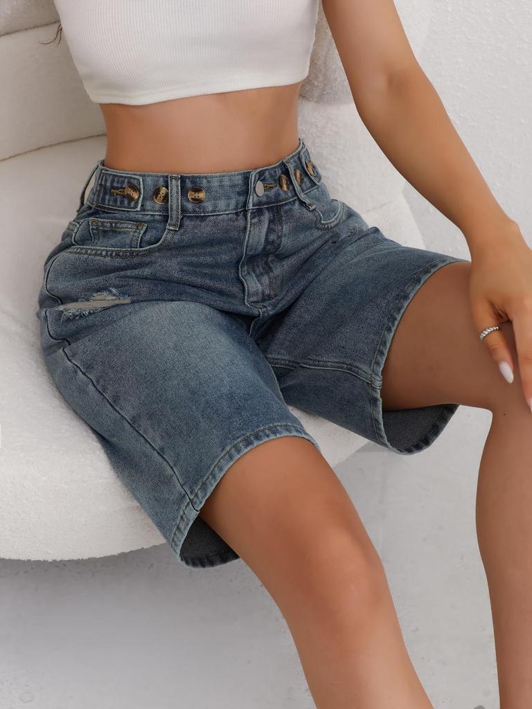 Europäischer & Amerikanischer Stil Zerrissene Verstellbare Lockere Passform Damen Denim Crop Pants