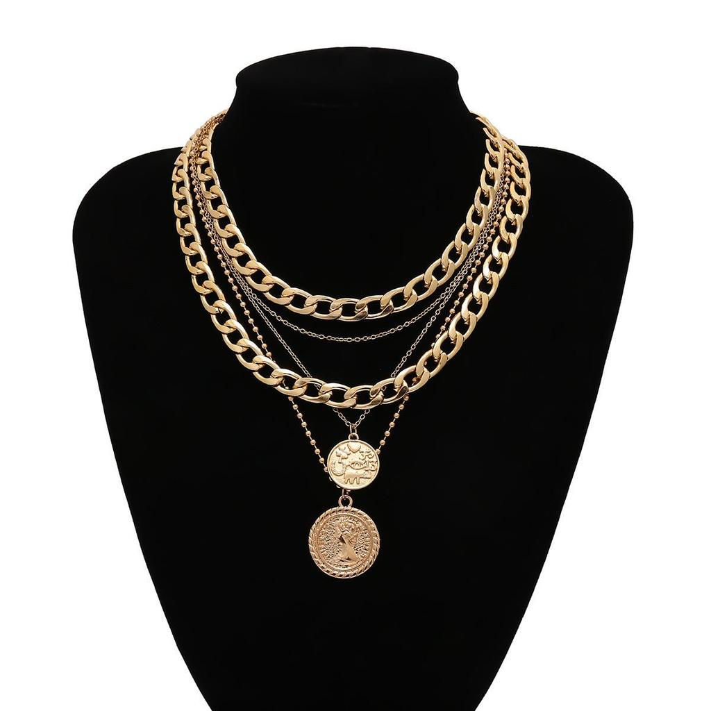 Vintage Multi-Layer Coin Necklace for Women - European & American Style Queen Image Jewelry
