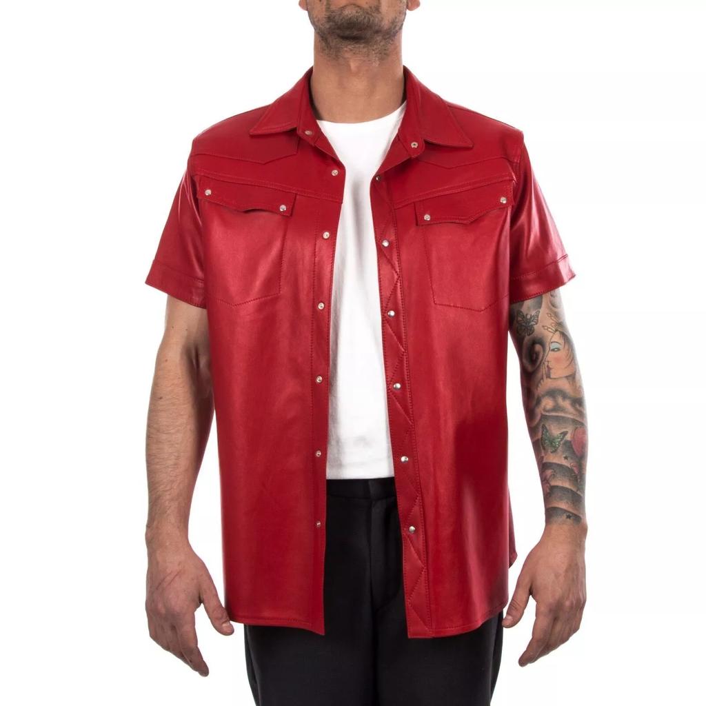 100% Pure Original Leather Genuine Lambskin Formal Casual Red Shirt Handmade Men Stylish Classic