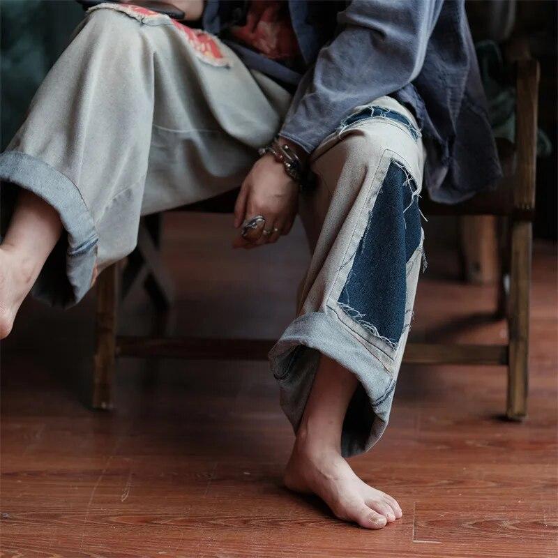 Johnature Pantaloni casual da donna larghi in denim con stampa floreale vintage patchwork da donna