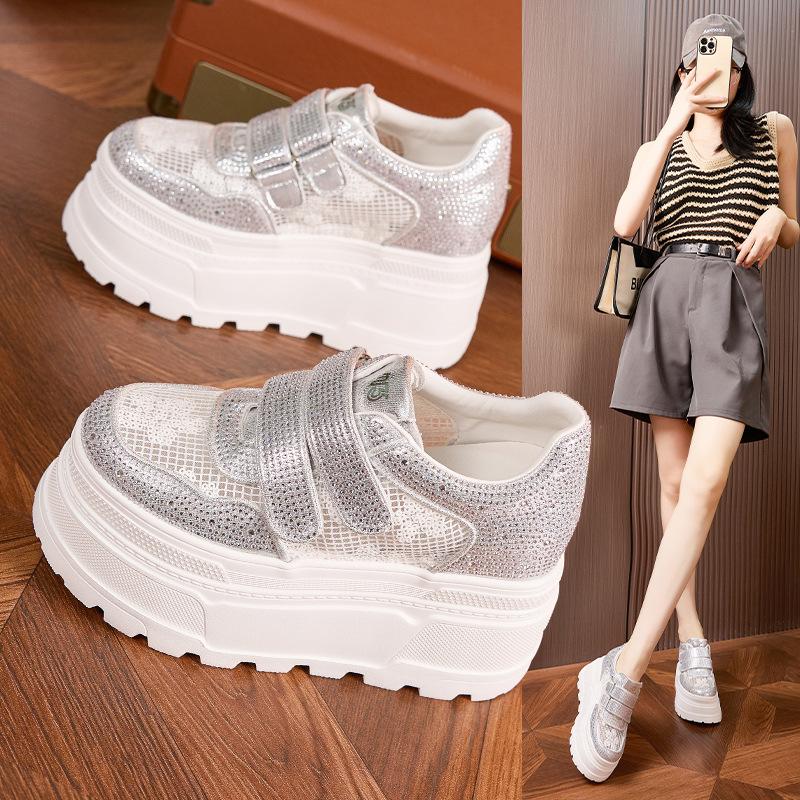 Damen-Sneaker mit dicker Sohle, Frühjahr und Sommer 2025, neue Damenschuhe mit innerem Absatz, atmungsaktives Mesh, Strass, vielseitige Muffin-Sohle