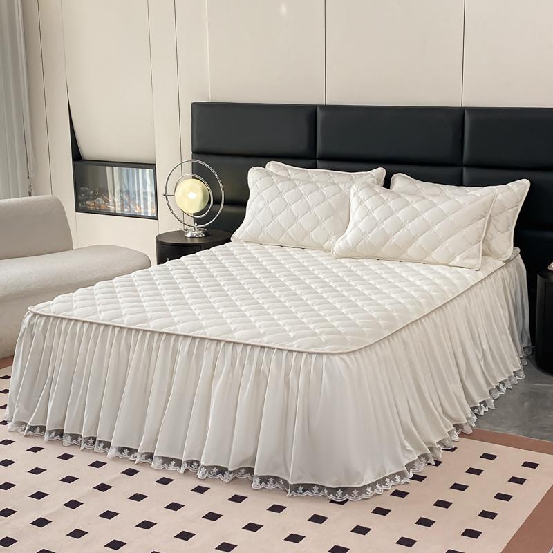 1pc Quilted Bed Skirt Solid Color Bed Cover Lace Style Bedspread Thickened Mattress Protector Roupa De Cama (No Pillowcase)