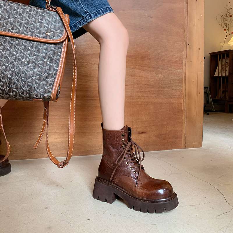 Krazing Pot Kuskinn Høst Vinter Sko Rund Tå Medium Hæler Snøring Motorsykkelstøvler Dame Ankelstøvletter