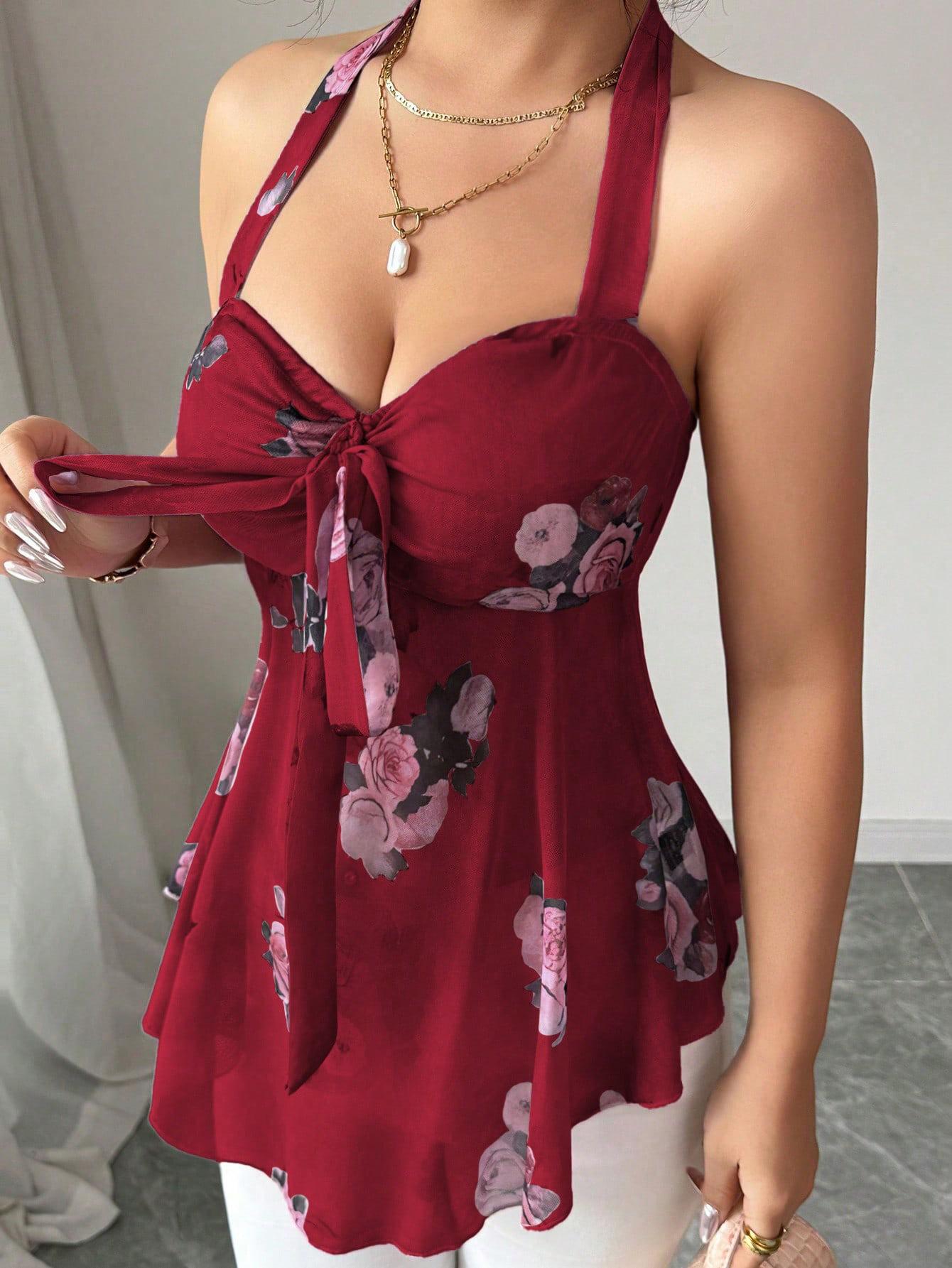 2026 Cross-border Europe, America, Amazon fashion temperament neck sleeveless straps personalized waist printed short top S