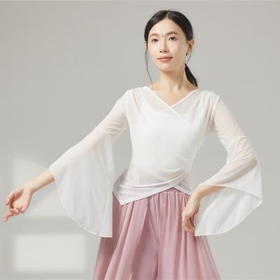 Classical Dance Mesh Women Flared Sleeve Shirt Training Performance Competition Costume Flowy Chinese Folk Dancewear Hanfu