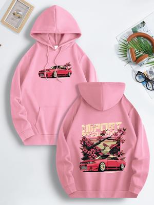 Mens Casual Hooded Sweatshirt with Japanese Cherry Blossom Red Sports Car Graphic Print Vibrant Blue Regular Fit Drawstring Hood