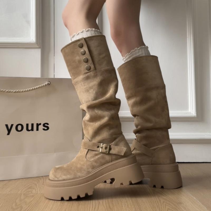 Fashion British Style Foldable Thick Heel Platform Boots Autumn and Winter Retro Design Sense Thin Women Knight Boots