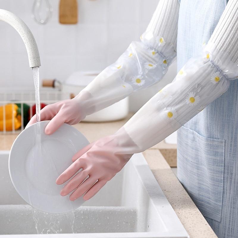 Dishwashing gloves women thickened housework kitchen durable laundry long gloves plus velvet rubber