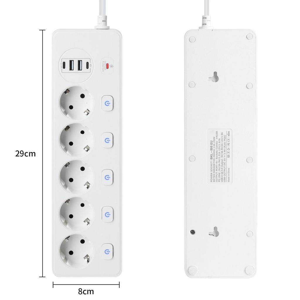 Independent Switch Control 5-Outlet Power Strip with 2 Type-C & 2 USB Ports, Overload Protection