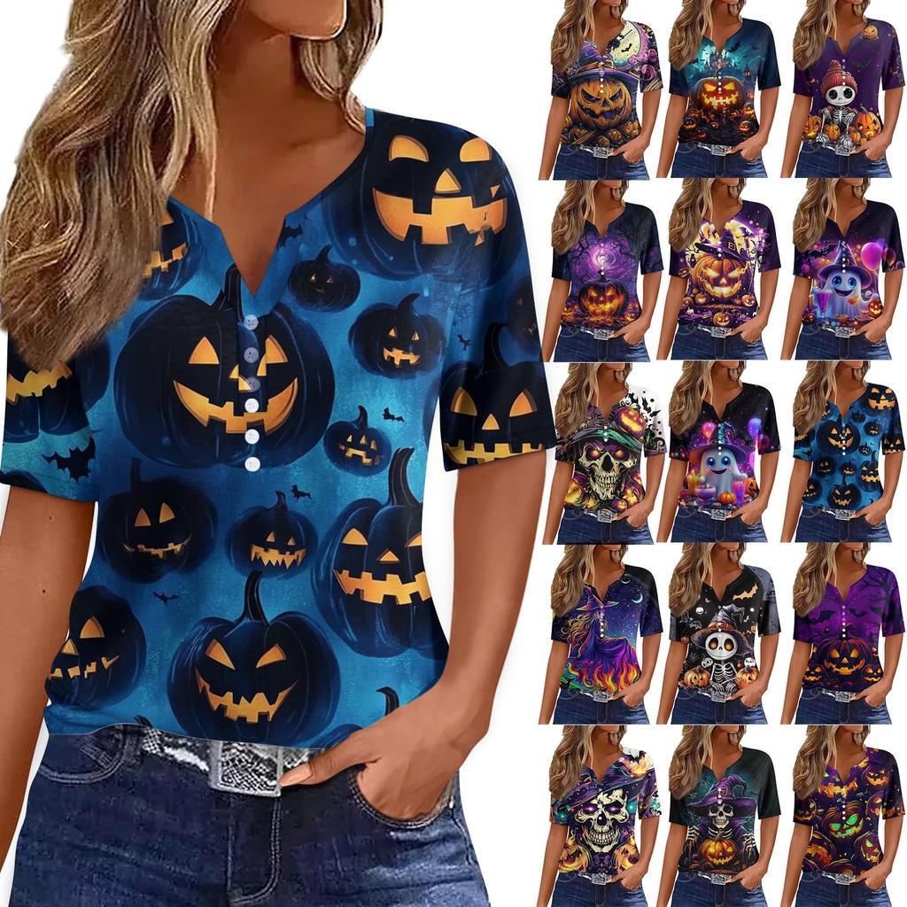 Women's T Shirt Tee Halloween Printed Button Short Sleeve Tunic Daily Weekend Fashion Basic V- Neck Regular Top