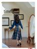 Autumn Blue Plaid Midi Skirt & Sweater Retro Set in Hong Kong Style