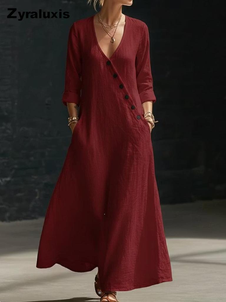 TikTok Summer Lazy Style V-Neck Pleated Swing A-Line Resort Maxi Dress Women One-Piece Long Dress