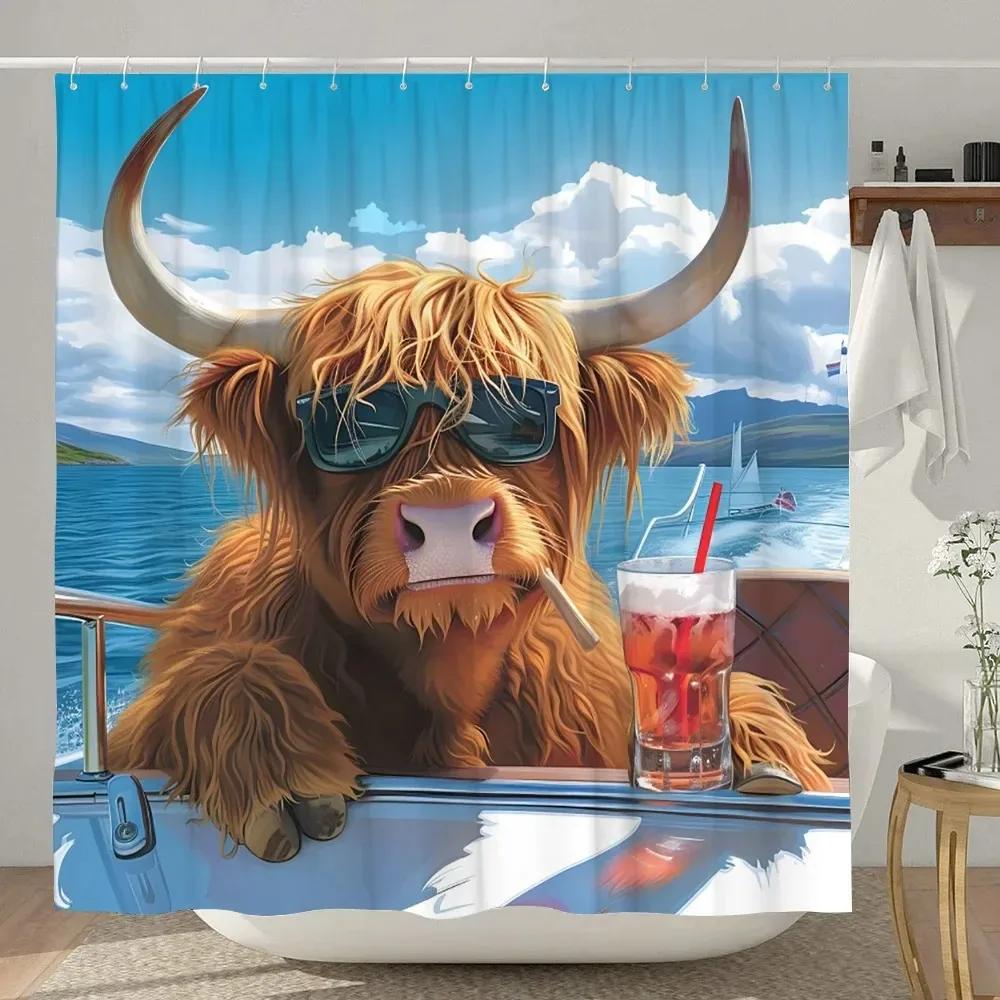 Funny Highland Cow Shower Curtain Rustic Country Cow Cartoon Animal Children'S Bath Curtain Polyester Fabric Home Bathroom Decor