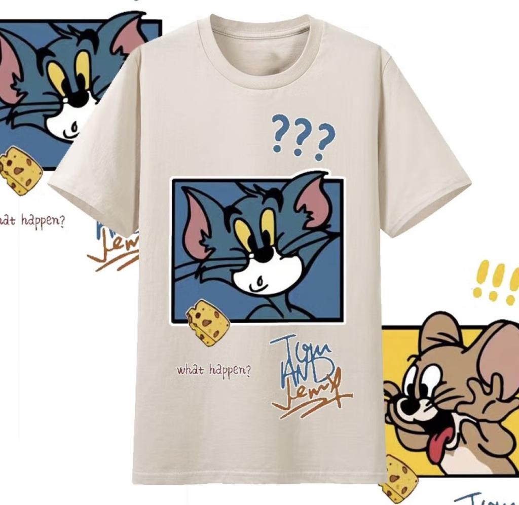 2026 Summer Comic Form Tom and Jerry Image 100 Cotton Printed Oversize Casual Tshirt Adult Children Parentchild Top Homewear