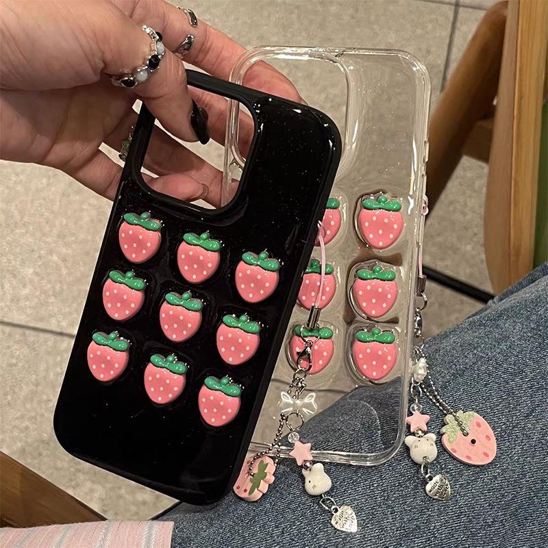 Applicable To Iphone16Promax Three-Dimensional Strawberry Phone Caseapple 15Pro Transparent Drip Glue 17 Women'S Anti-Drop