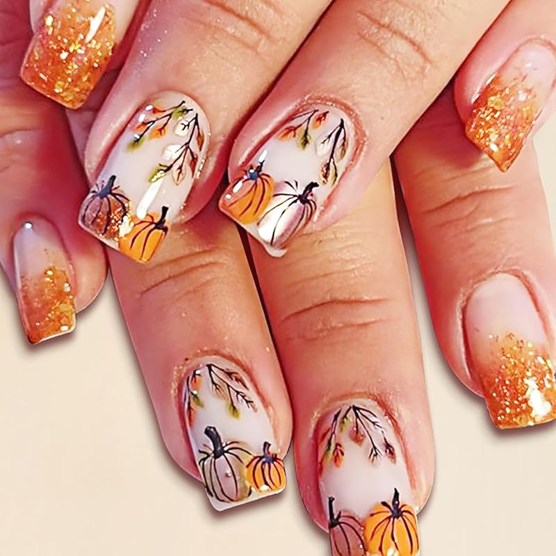 30Pcs Thanksgiving Press on Nails Short Round Shape French Tip Fake Nails with Pumpkin Pie Designs Full Cover Fall Acrylic Nails Thanksgiving Turkey