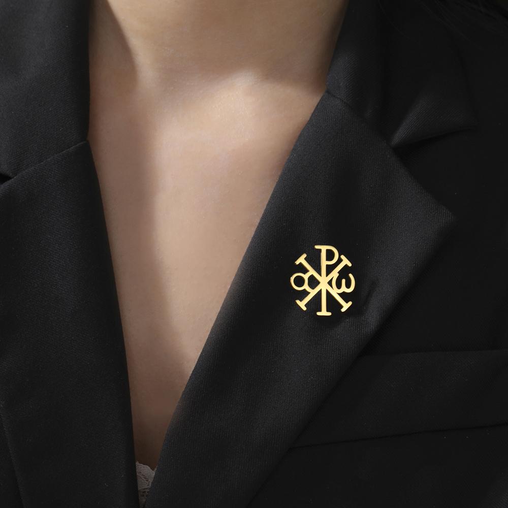Dawapara Chi Rho Cross Brooch Pins Christogram Greek Symbol Religious Jesus Christian Jewelry Stainless Steel