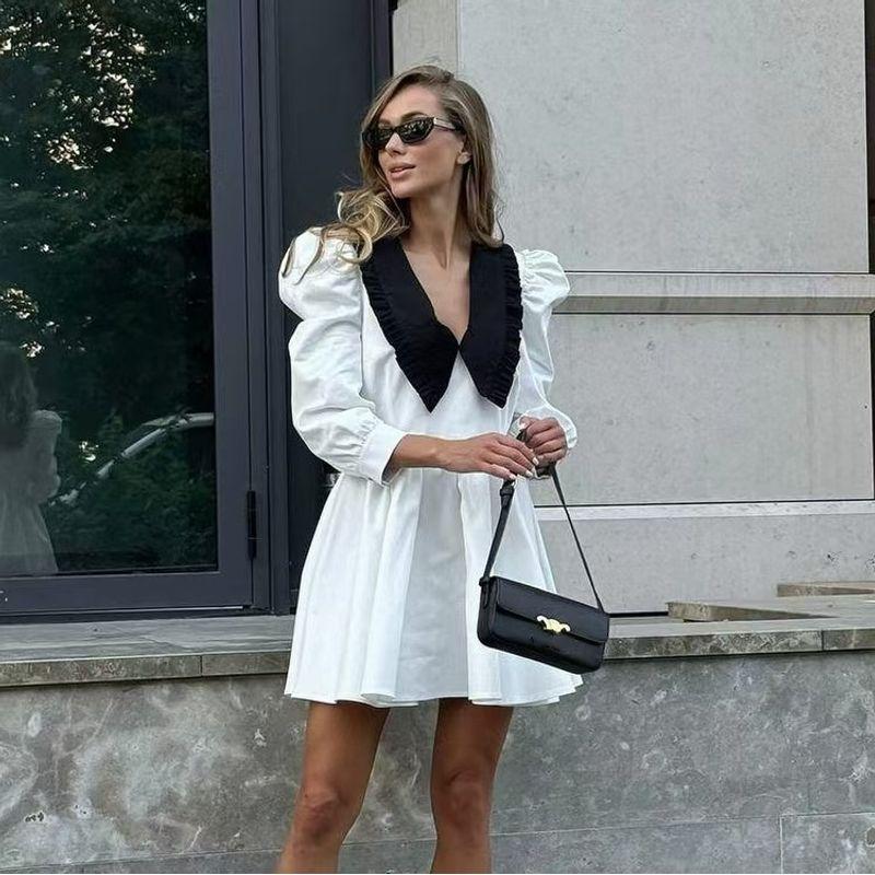 

Французское короткое платье контрастных цветов с кукольным воротником, цветная блокировка, платье с кукольным вырезом White L