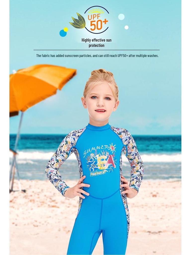 Children's Long Sleeve One-Piece Swimsuit - Sun Protection, Quick-Dry, Ideal for Snorkeling and Training.