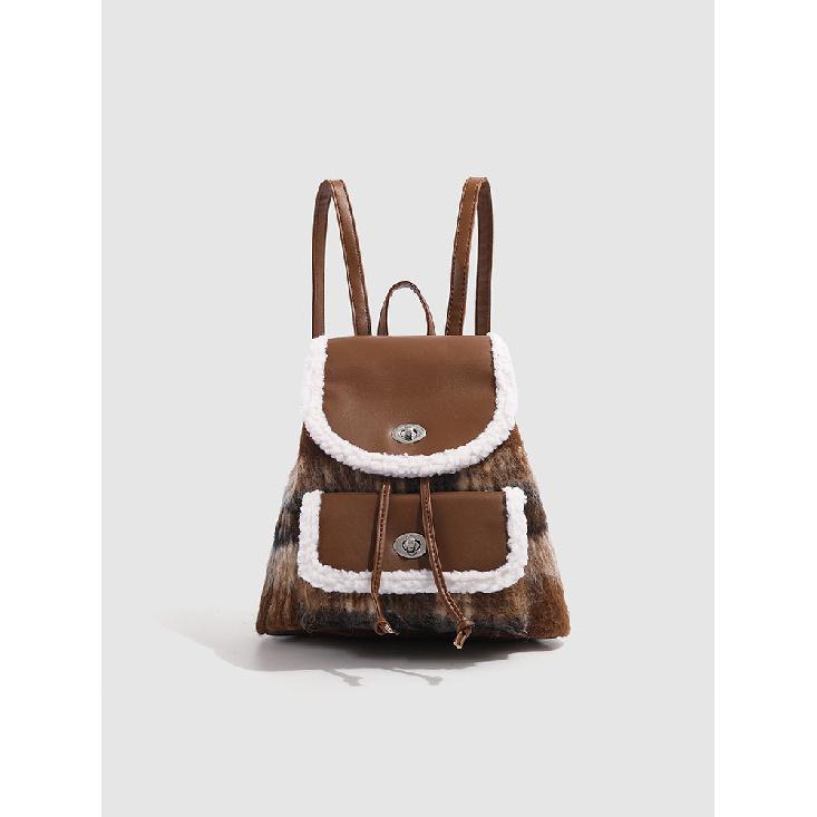 American retro college-style bag, lamb wool backpack, 2024 plaid new model, trendy patchwork small backpack