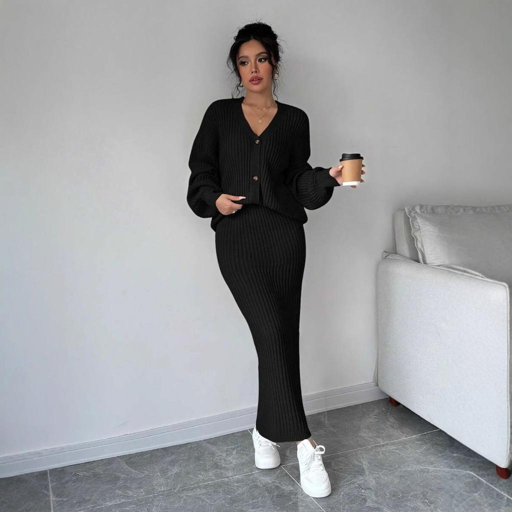 Women's Ribbed Knit Two-Piece Set with Long Sleeve Top and Wide-Leg Pants