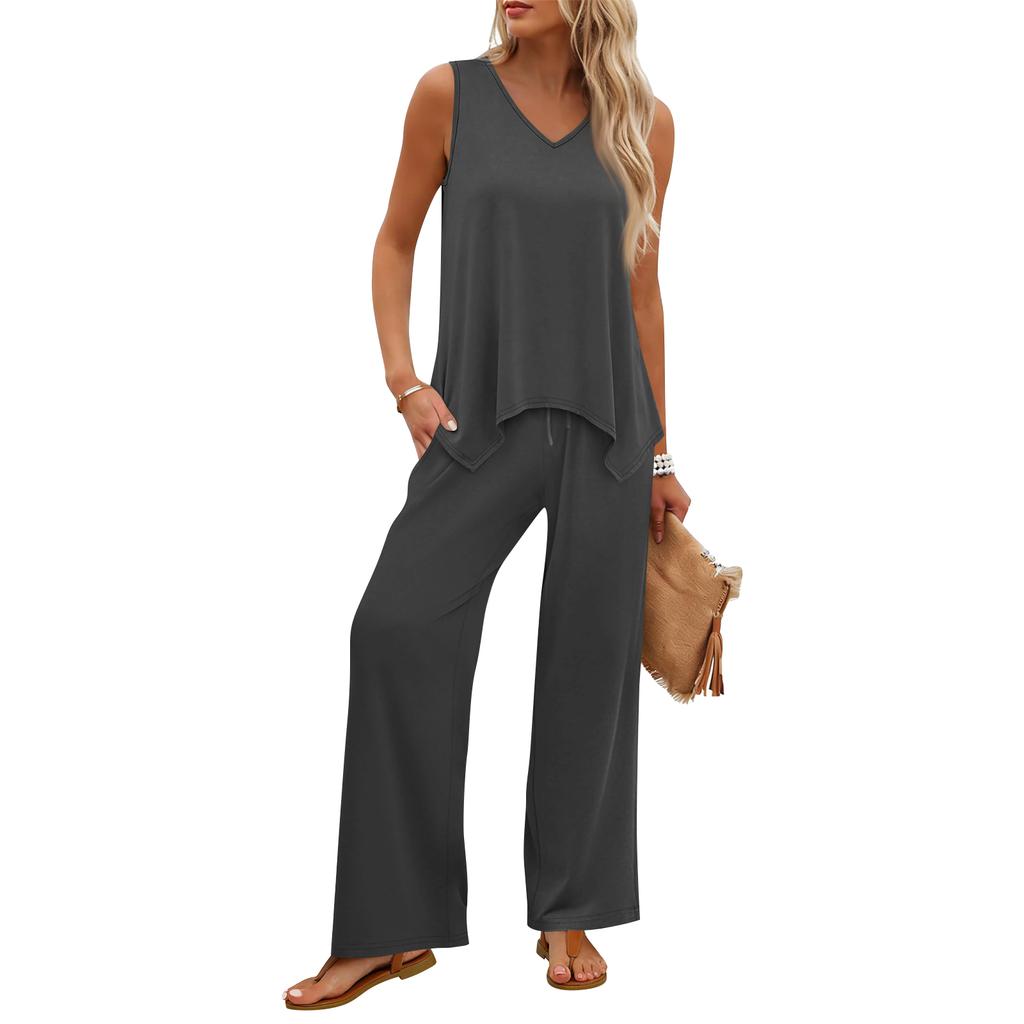 Women Sleeveless Tank Top and Wide Leg Pants Two Piece Set Casual Lounge Wear Travel Vacation Outfit Soft Fabric Relaxed Fit