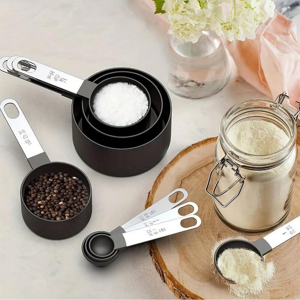 8Pcs Measuring Cups Spoons Stackable Stainless Steel Tablespoon for Measuring Dry Liquid Ingredients Teaspoon with Plastic Head